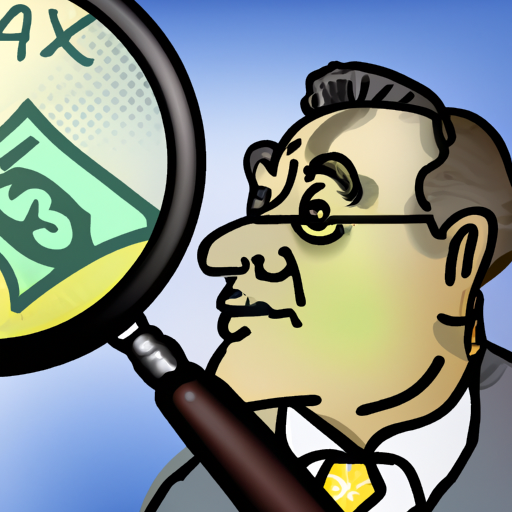 איור של איש מס עם זכוכית מגדלת מתבונן בשטרות דולרים, המתאר את חקירת השלכות המס.